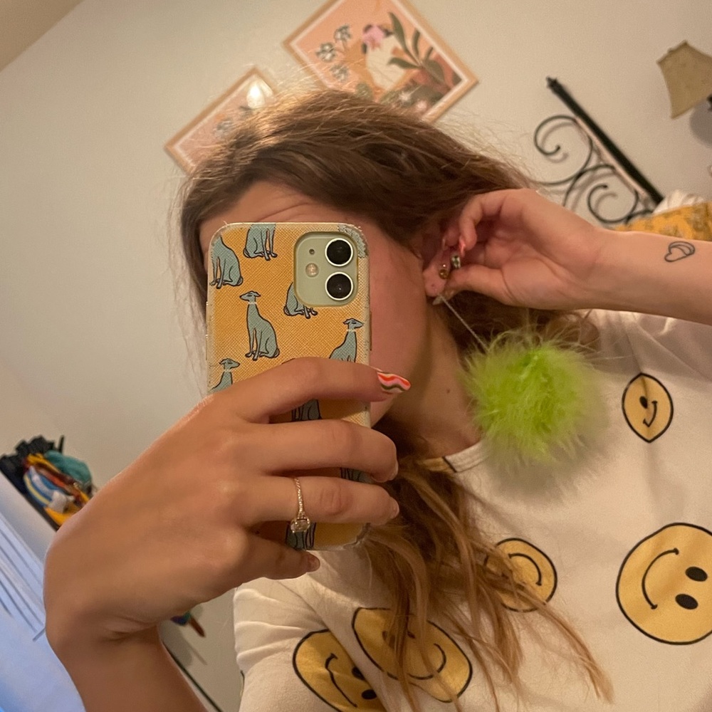 Big green fluffy pom pom earrings